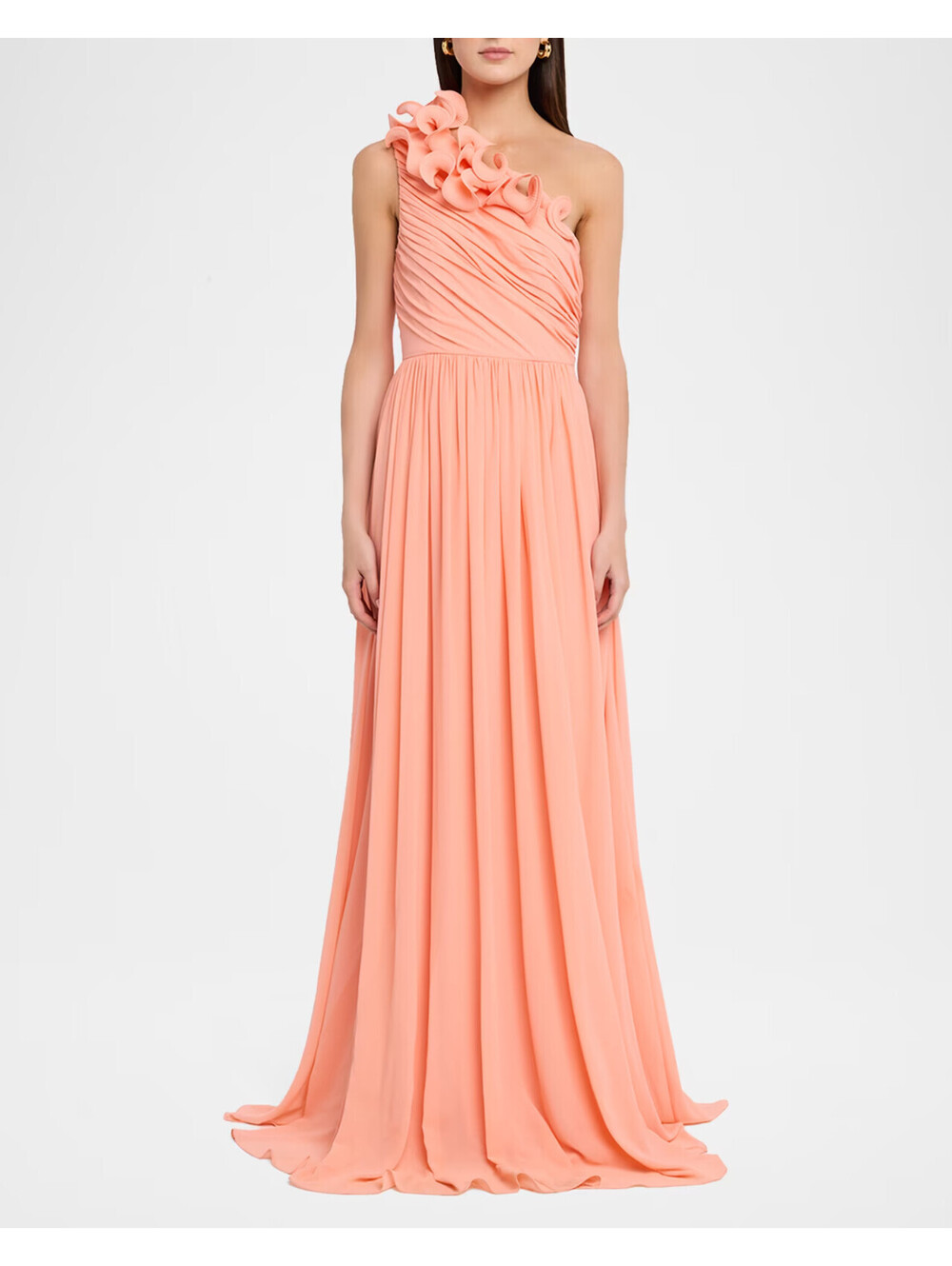 Badgley Mischka Pleated One-Shoulder Georgette Gown Coral sz 4 NWT Red Carpet